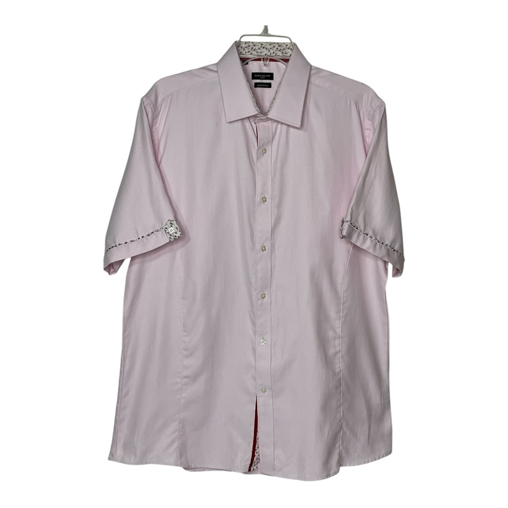 Rosso Milano Italy Pink and Floral Short Sleeve Men's L 16.5" Button Up Shirt